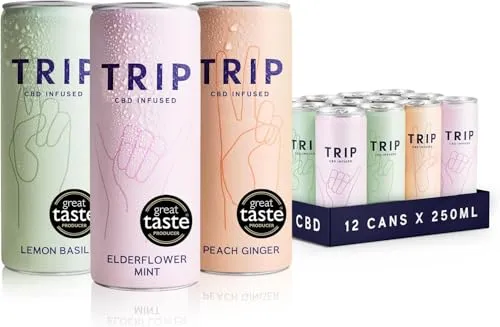 TRIP CBD Drink, Sparkling Mixed Pack Fizzy Drink, Low Calorie, Vegan, Stress & Anxiety Relief (Pack of 12 x 250ml) - ONLY £9.50, RRP £19.18