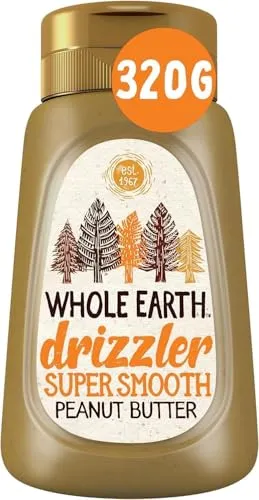 Whole Earth Drizzler Original Roasted Peanut Butter, Super Smooth Squeezy Runny Nutty Spread Made with 100% Peanuts, All Natural Ingredients, No Added Sugar, Gluten Free, Vegan Friendly – 320g | ONLY