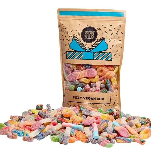BON BAG - Vegan Fizzy Pick And Mix Jelly Sweets, 1L Pouch Bags Of Sweets. Sour Fizzy Bulk Candy Assortment In Large Resealable Party Bag, Great For Sharing Or As A Treat Gift (800g) | ONLY £8.99 RRP £