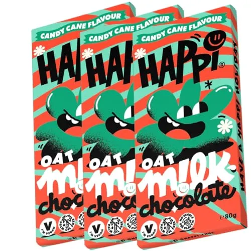 Happi 3 x 80g Vegan Chocolate Bars - Christmas Candy Cane Vegan Mint Chocolate - Vegan Chocolate Bar | ONLY £5.98 RRP £9.99, (40% OFF!) w/ FREE DELIVERY