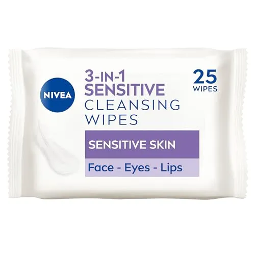 NIVEA 3in1 Sensitive Cleansing Wipes (25 Wipes), Plant-Based Makeup Remover Wipes, Face Wipes for Sensitive Skin, Gentle yet Effective Makeup Removal - ONLY £2.20 (53%), RRP £4.19 (£0.17 / count)