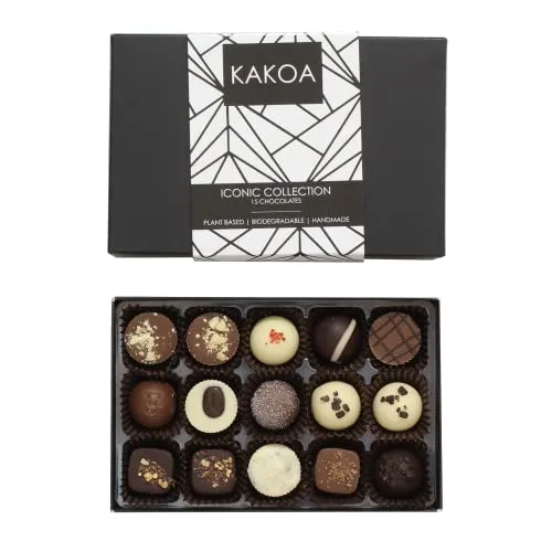 Kakoa Iconic Vegan Chocolate Selection Box - 15 Chocs | Brownie, Coffee, Caramel, Liqueur | ONLY £15.99 RRP £19.99, (20% OFF!) w/ FREE DELIVERY