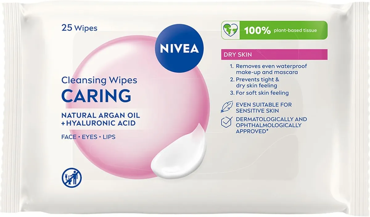NIVEA Caring 3-in-1 Cleansing Wipes Dry Skin 25 Pack £1.19 (was £2.99) @ Amazon