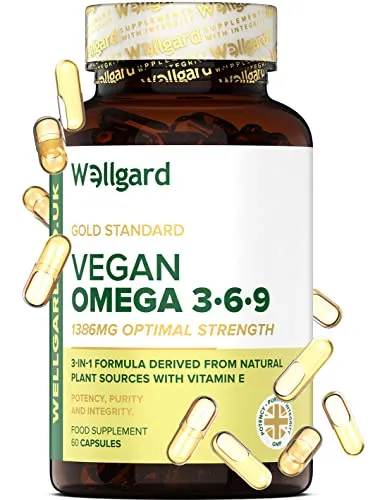 Vegan Omega 3 6 9 Capsules by Wellgard - High Strength 1386mg Flaxseed Oil Capsules with Alpha Linolenic Acid (ALA), Linoleic Acid (LA), Vitamin E | ONLY £7.87 RRP £13.99, (44% OFF!) w/ FREE DELIVERY