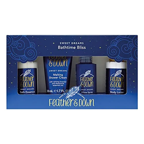 Feather & Down Bathtime Bliss Gift Set (Shower Cream, Pillow Spray, Bath Essence & Body Lotion) - With calming lavender & chamomile essential oils. Vegan Friendly & Cruelty Free. - ONLY £8.40, RRP £12