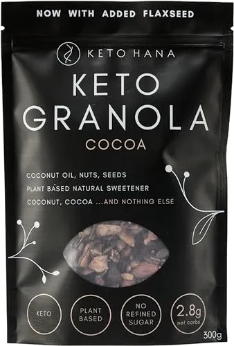 Keto Hana Cocoa Keto Granola Keto Diet Vegan Grain Free Dairy Free Plant Based No Refined Sugars Gluten Free 2.2g Net Carbs Breakfast Cereal - 300gr/0.6lbs | ONLY £7.97 RRP £9.99, (20% OFF!) w/ FREE D