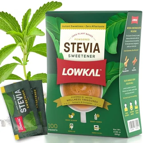 LOWKAL Stevia Sweetener Sachets with Zero Calorie (100 Packets) - Plant-Based Sugar Substitute for Diabetics with Zero Sugar - Natural Sweetener Stevia Powder for Desserts, Coffee & Tea | ONLY £3.75 R