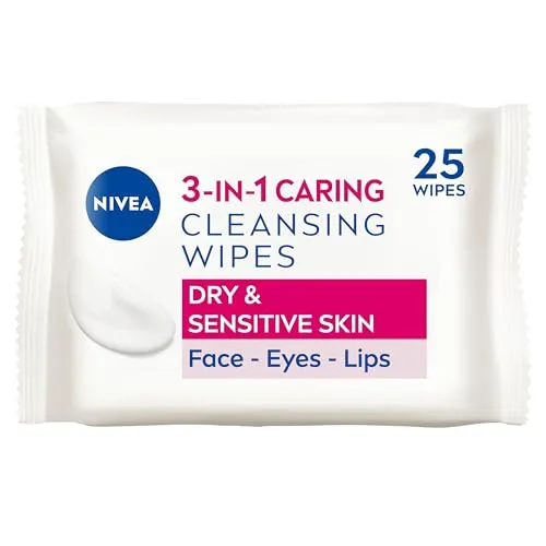 NIVEA 3in1 Caring Cleansing Wipes Dry Skin (25 Wipes), Plant-Based Makeup Remover Wipes, Face Wipes for Dry Skin, Gentle yet Effective Makeup Removal | ONLY £1.38 RRP £2.99, (54% OFF!) w/ FREE DELIVER