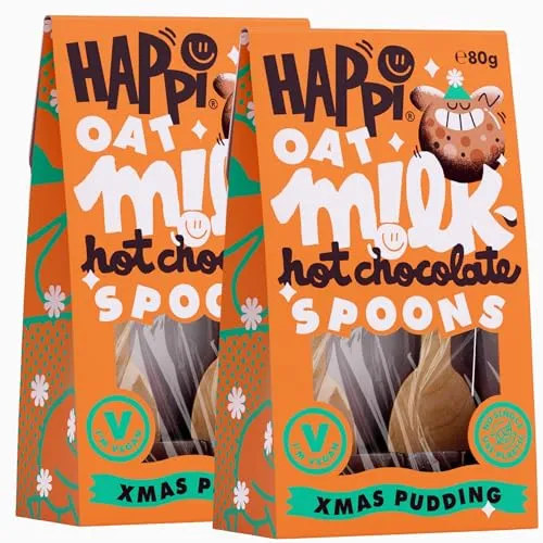 4 x Happi Oat Milk Vegan Hot Chocolate Spoons - Christmas Pudding Flavour - Chocolate Stirrers - Vegan Chocolate Gifts - Christmas Eve Box Fillers | ONLY £5.99 RRP £11.99, (50% OFF!) w/ FREE DELIVERY