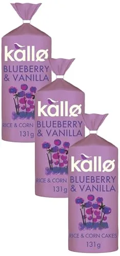 Kallo Blueberry & Vanilla Corn & Rice Cakes, Wholegrain Low Fat Healthy Snacks for Adults & Children, Vegan Friendly, Gluten Free, No Artificial Flavours or Preservatives, Single Pack – 1 x 131g | ONL
