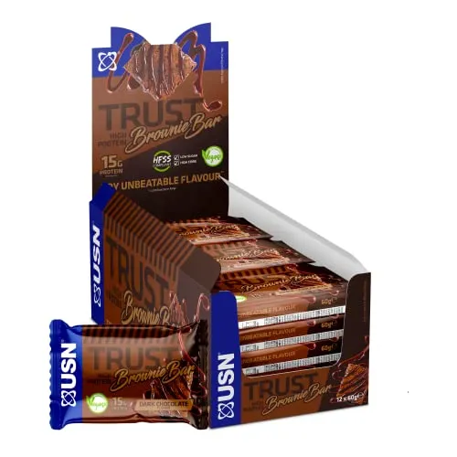 USN Trust Vegan Brownie Bar, Dark Chocolate Protein Brownie: High Protein Bars, Perfect On-the-Go & Post-Workout Protein Snacks (12 x 60g Bars per Pack) | ONLY £13.99 RRP £18.00, (22% OFF!) w/ FREE DE