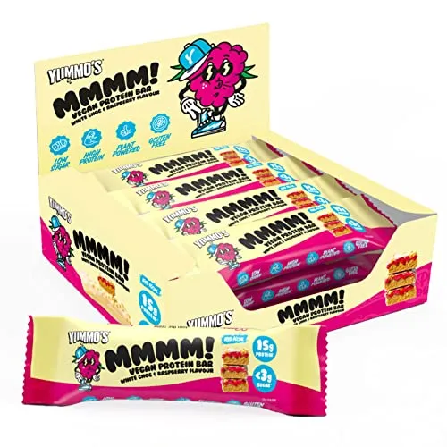 Yummo's - Vegan Protein Bar (White Choc & Raspberry) - Plant Based, High Protein, Low Sugar, Vegan, Gluten Free Snack (12 pack) | ONLY £11.99 RRP £19.99, (40% OFF!) w/ FREE DELIVERY