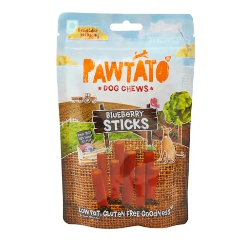 Pawtato Vegan Dog Chews Blueberry Sticks. Natural rawhide alternative dog treat. Low fat, plant based, hypoallergenic, sweet potato and rice chews, 120g | ONLY £2.99 RRP £4.99, (40% OFF!) w/ FREE DELI