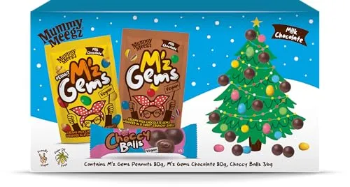 Mummy Meegz - Vegan Selection Box - Vegan Choccy Balls (12gx3), M'z gems (80gx1), M'z Gems Peanut (80gx1) - 196g x 1 | ONLY £5.99 RRP £9.99, (40% OFF!) w/ FREE DELIVERY