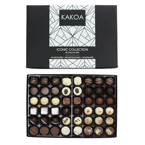 KAKOA Vegan Chocolate Selection Box - 48 Chocs | Brownie, Coffee, Caramel, Liqueur etc | ONLY £32.49 RRP £49.99, (35% OFF!) w/ FREE DELIVERY
