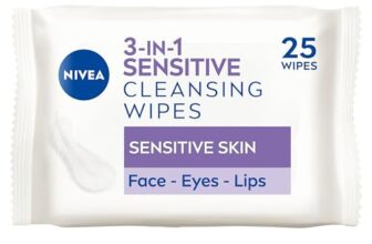 NIVEA 3in1 Sensitive Cleansing Wipes (25 Wipes), Plant-Based Makeup Remover Wipes, Face Wipes for Sensitive Skin, Gentle yet Effective Makeup Removal – ONLY £2.20 (53%), RRP £4.19 (£0.17 / count)